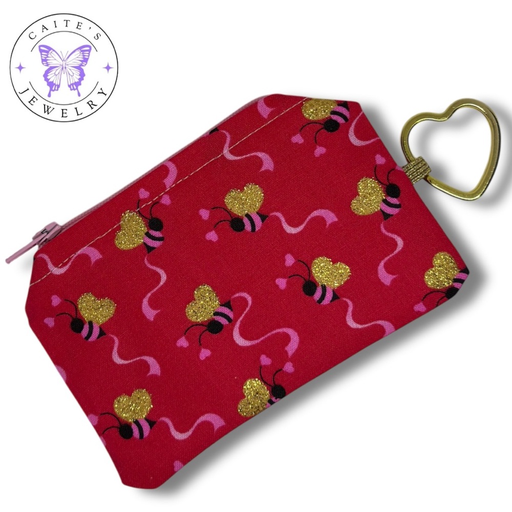 Handmade Coin Purse with a Valentines Hearts and Bees Fabric